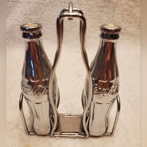 Coca Cola Vtg 1998 Die Cast Chrome Salt and Pepper Shakers W/Caddy